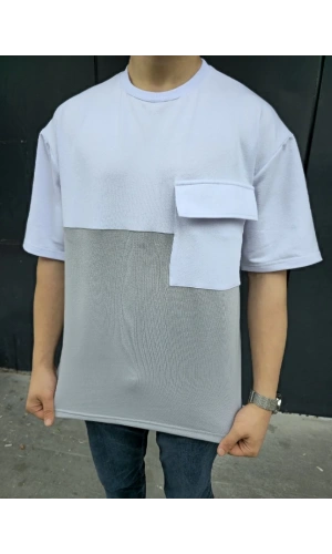 Unisex Torba Cep Detaylı Parçalı T-Shirt - Gri