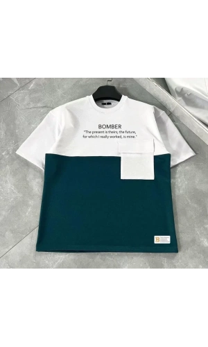 Unisex Torba Cep Detaylı  Parçalı T-Shirt - Lacivert