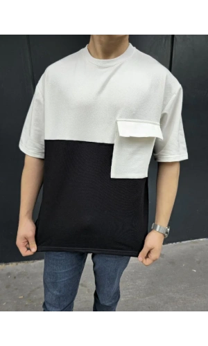 Unisex Torba Cep Detaylı Parçalı T-Shirt - Siyah