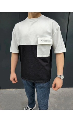 Unisex Torba Cep Detaylı  Parçalı T-Shirt - Siyah