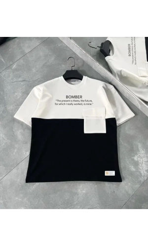 Unisex Torba Cep Detaylı  Parçalı T-Shirt - Siyah