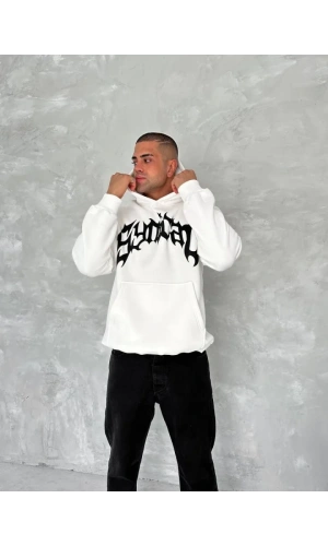 Unisex Üç İplik Kapşonlu Baskılı SweatShirt - Beyaz