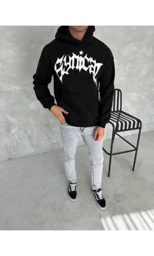 Unisex Üç İplik Kapşonlu Baskılı SweatShirt - Siyah
