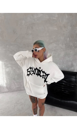 Unisex Üç İplik Kapüşonlu Baskılı SweatShirt - Beyaz