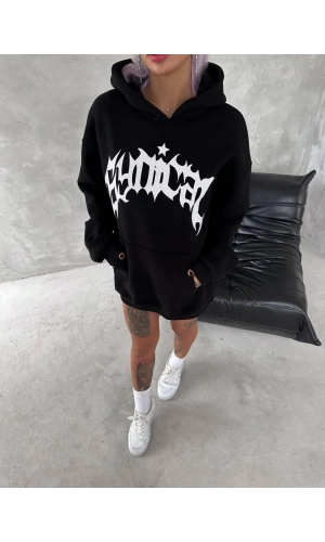 Unisex Üç İplik Kapüşonlu Baskılı SweatShirt - Siyah