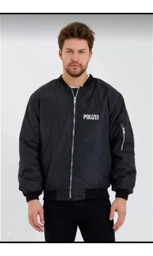 Unisex Uzun Kol Baskılı Bomber Ceket - Siyah