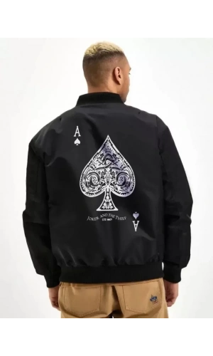 Unisex Uzun Kol Baskılı Bomber Ceket - Siyah