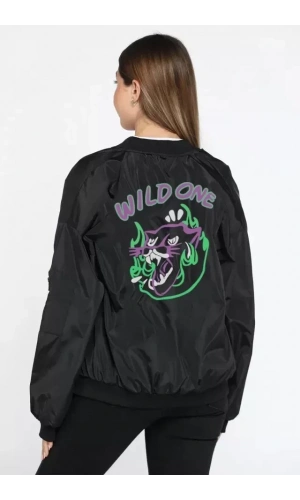 Unisex Uzun Kol Baskılı Bomber Ceket - Siyah