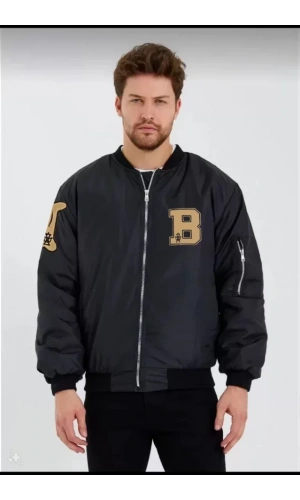 Unisex Uzun Kol Baskılı Bomber Ceket - Siyah