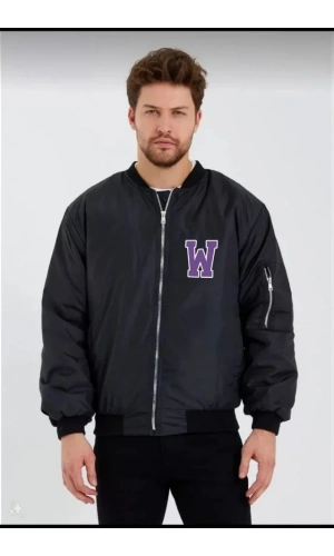 Unisex Uzun Kol Baskılı Bomber Ceket - Siyah