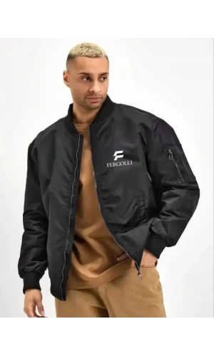 Unisex Uzun Kol Baskılı Bomber Ceket - Siyah