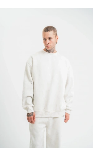 Unisex Uzun Kol Bisiklet Yaka Yıkamalı SweatShirt - Beyaz