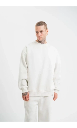 Unisex Uzun Kol Bisiklet Yaka Yıkamalı SweatShirt - Beyaz