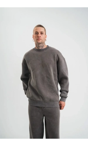 Unisex Uzun Kol Bisiklet Yaka Yıkamalı SweatShirt - Füme