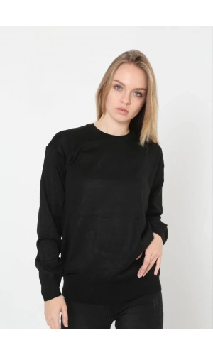 Unisex Uzun Kol Biskilet Yaka Dokuma Triko - Siyah