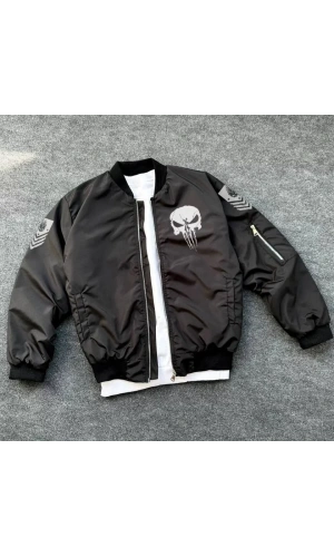 Unisex Uzun Kol Kuru Kafa Baskılı Bomber Ceket - Siyah