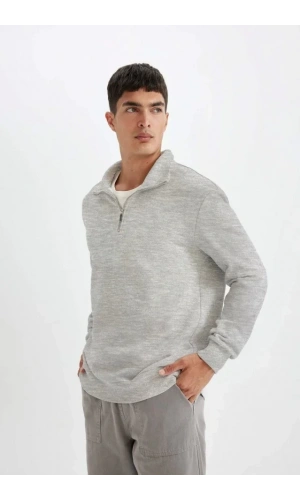 Unisex Uzun Kol Yarım Farmuarlı Yakalı Basic SweatShirt - Gri