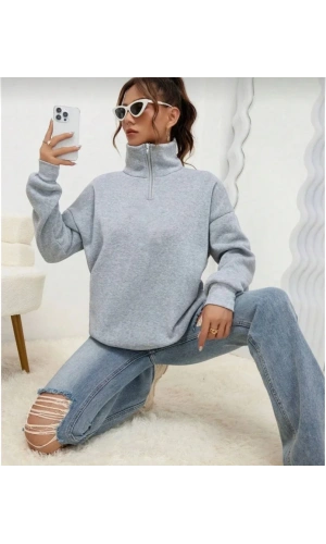 Unisex Uzun Kol Yarım Farmuarlı Yakalı Basic SweatShirt - Gri