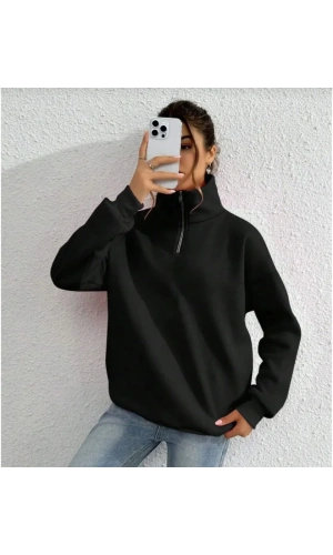 Unisex Uzun Kol Yarım Farmuarlı Yakalı Basic SweatShirt - Siyah