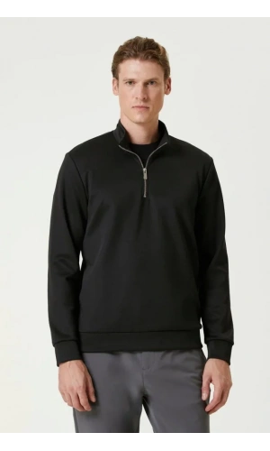 Unisex Uzun Kol Yarım Farmuarlı Yakalı Basic SweatShirt - Siyah