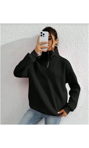 Unisex Uzun Kol Yarım Farmuarlı Yakalı Basic SweatShirt - Siyah
