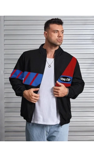 Unisex Uzun Koll Fermuarlı Baskılı Rüzgarlik - Siyah