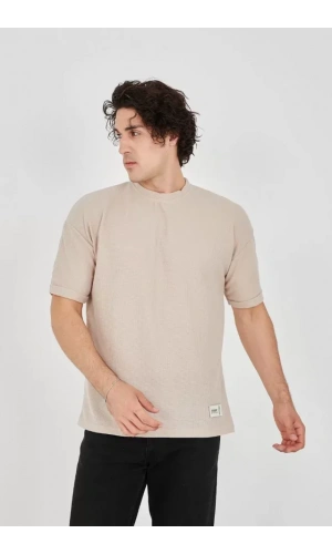 Unisex Waffle Kumaş Rahat Kol T-Shirt - Bej