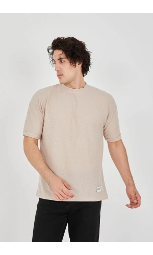 Unisex Waffle Kumaş Rahat Kol T-Shirt - Bej