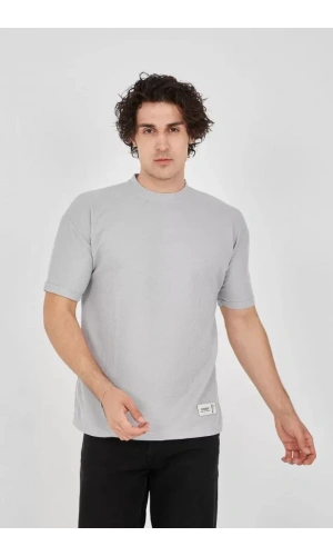 Unisex Waffle Kumaş Rahat Kol T-Shirt - Boyalı Gri