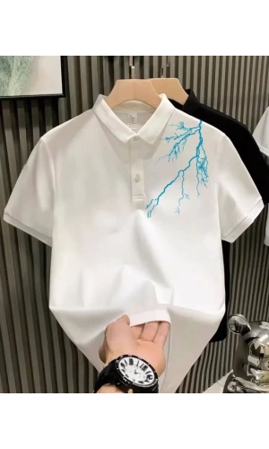 Unisex Yakası Düğmeli Oversize Baskılı T-Shirt - Beyaz