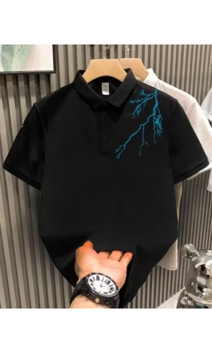 Unisex Yakası Düğmeli Oversize Baskılı T-Shirt - Siyah