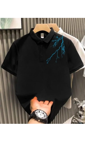 Unisex Yakası Düğmeli Oversize Baskılı T-Shirt - Siyah