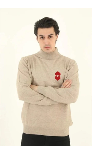 Unisex Yarım Boğazlı Baskılı Dokuma Triko - Bej