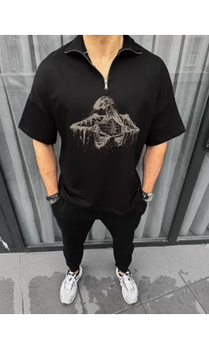 Unisex Yarım Fermuarlı Baskılı Oversize T-Shirt - Siyah