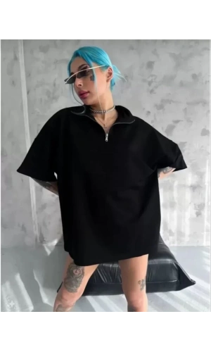 Unisex Yarım Fermuarlı Düz Oversize T-Shirt - Siyah