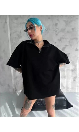 Unisex Yarım Fermuarlı Düz Oversize T-Shirt - Siyah