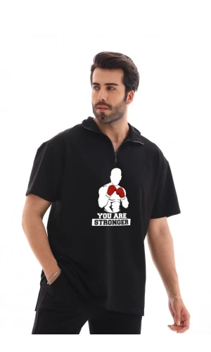 Unisex Yarım Fermuarlı Oversize Baskılı T-Shirt - Siyah