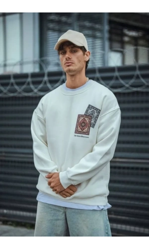 Uzun Kol Bisiklet Yaka Baskılı SweatShirt - Beyaz