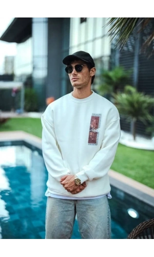 Uzun Kol Bisiklet Yaka Ön Ve Arka Baskılı SweatShirt - Beyaz