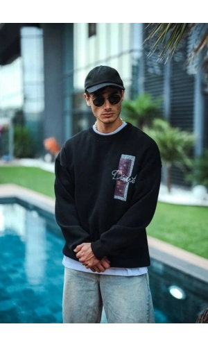 Uzun Kol Bisiklet Yaka Ön ve Arka Baskılı SweatShirt - Siyah