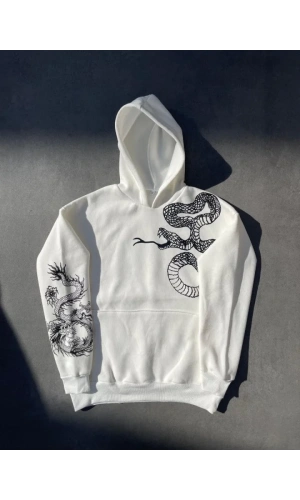 Uzun Kol Kapşonlu Baskılı SweatShirt - Beyaz
