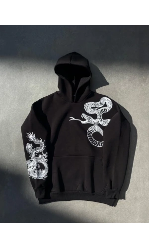 Uzun Kol Kapşonlu Baskılı SweatShirt - Siyah