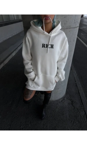 Uzun Kol Kapşonlu Göğüs Baskılı SweatShirt - Beyaz