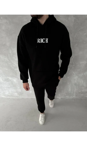 Uzun Kol Kapşonlu Göğüs Baskılı SweatShirt - Siyah