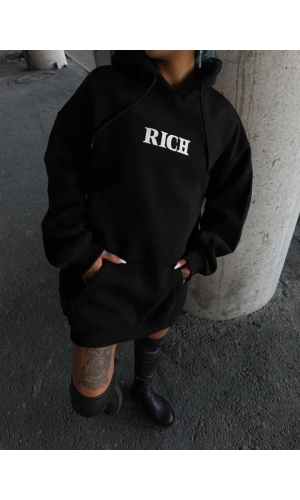 Uzun Kol Kapşonlu Göğüs Baskılı SweatShirt - Siyah