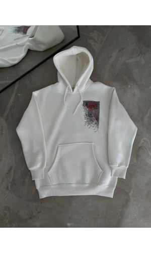 Uzun Kol Kapşonlu Ön Ve Arka Baskılı SweatShirt - Beyaz