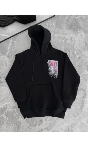 Uzun Kol Kapşonlu Ön Ve Arka Baskılı SweatShirt - Siyah