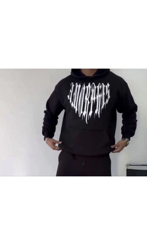 Uzun Kol Kapüşonlu Baskılı SweatShirt - Siyah