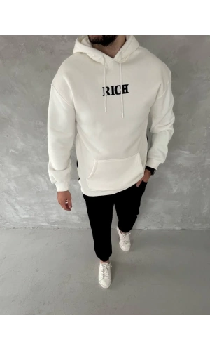 Uzun Kol Kapüşonlu Göğüs Baskılı SweatShirt - Beyaz