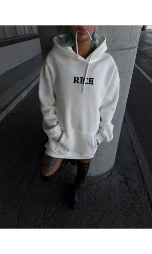 Uzun Kol Kapüşonlu Göğüs Baskılı SweatShirt - Beyaz
